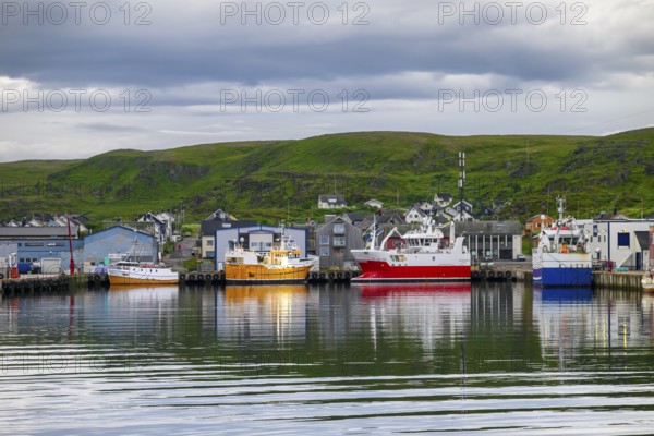 Fishing boats Fishing vessels are moored in Berlevag harbour in the north of the Varanger Peninsula with colorful buildings in the background, Berlevåg, Finnmark, Norway