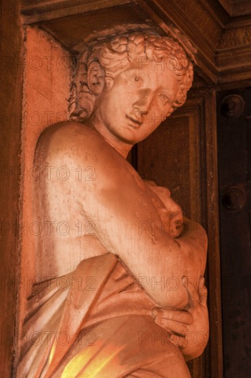 Statues in the arcades of the Biblioteca Nazionale Marciana, the National Library in St. Mark's Square, Venice, Veneto, Italy