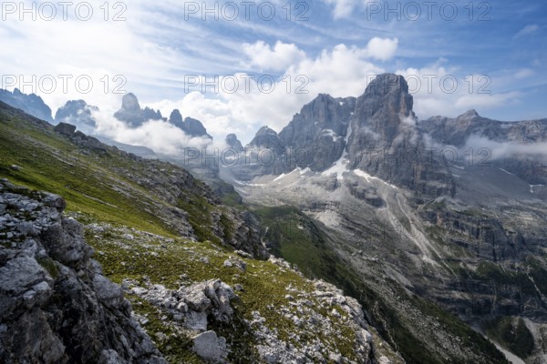 View of picturesque mountain landscape with rocky peaks, Cima Tosa peaks in the back, Via Ferrata SOSAT via ferrata, Brenta Mountains, Trentino, Italy