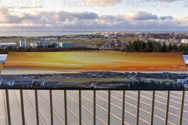 View from Perlan towards the airport, museum, observation deck, landmark, panoramic view with information board, Reykjavík, Iceland