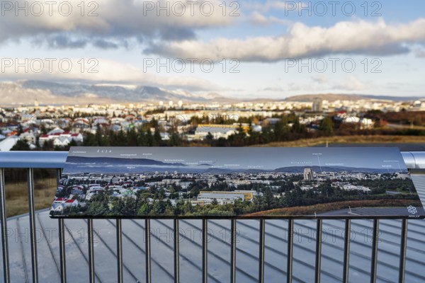 View from Perlan, museum, observation deck, landmark, panoramic view with information board, Reykjavík, Iceland