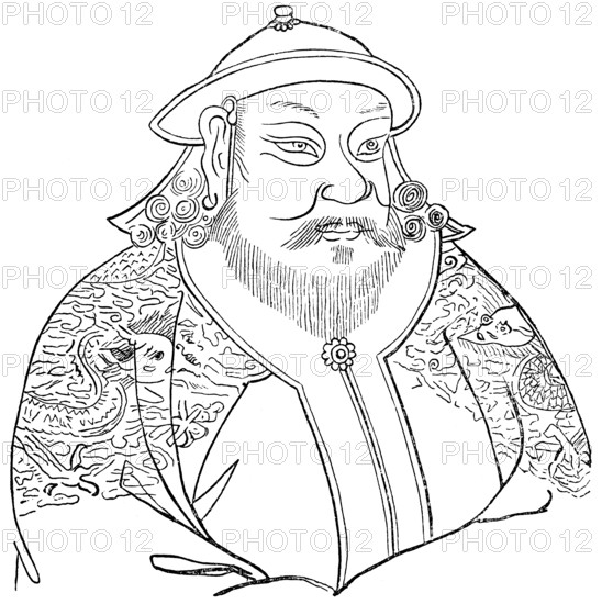 Portrait of Kublai Khan or Setsen Khan, 13th century, Mongolian ruler, emperor of China, founder of the Yuan dynasty, meeting with Marco Polo, China, headpiece, curls, mantle with ornaments, beard, historical illustration 19th century