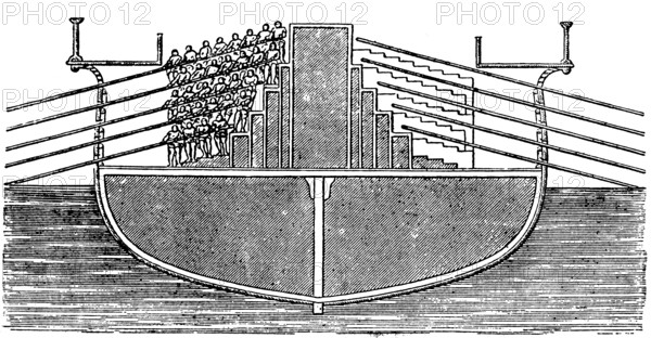 Cross-section of a Greek five-rower, shipping, people sitting on top of each other on five floors, high speed, low altitude, wide width, slaves rowing, owing, at sea, traveling, antiquity, Greece, historical illustration 19th century