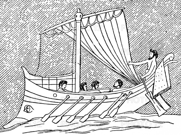 Ancient galley with sail, small crew, slaves rowing, man at the helm, shipping, set sail, wooden structure, oars, on sereisen, antiquity, historical illustration 19th century