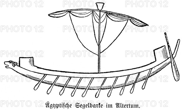 Egyptian sailboat in ancient times, bark, sailing ship, central sail, figurehead, round, shipping, rowing blade, travel, wooden construction, Egypt, historical illustration 19th century