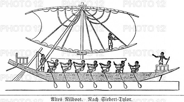 Old Nile boat, shipping, owing, man, slave rowing, man on oar blade, central sail, sailing ship, wooden construction, travel, antiquity, Egypt, historical illustration 19th century