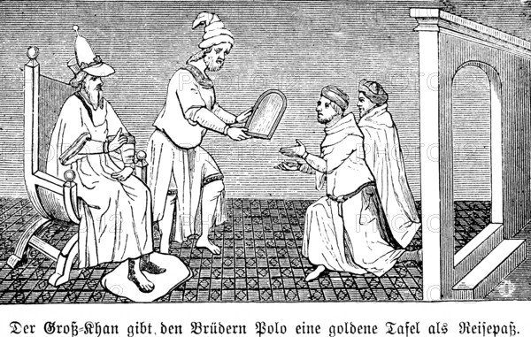 The big barge gives the brothers Niccolò and Maffeo Polo a golden tablet as a passport, 13th century, year 1266, Khan sitting, polo brothers on knees, interior at the court of the Mongol ruler, permission, Venetian trade travelers, China, historical illustration 19th century