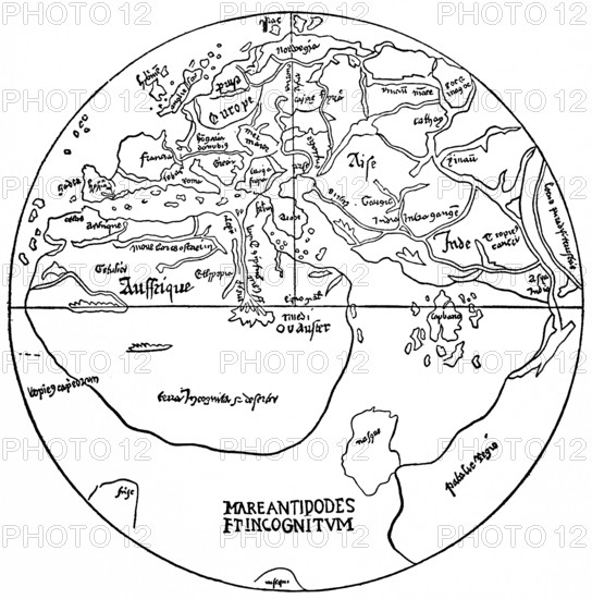 World map from the 15th century, earth with the then known or unknown parts of the world, Mare Antipodes and Terra Incognita, polar region, Asia, Europe with Francia, France, Africa, India, Nile, Danube, Mediterranean, historical illustration 19th century