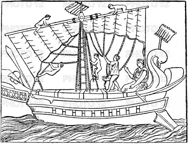 Sailing manoeuvres on an antique transport ship, central mast with wind vane, naked men setting sail, ropes, skipper with control blade, instructions, wooden construction, swan as stern figure, at sea, historical illustration 19th century