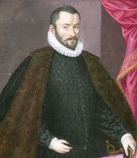 Members of the famous Augsburg Fugger family, Philipp Eduard Fugger (1546 - 1618), a well-known German merchant and banker from the important Augsburg Fugger family, authentic reproduction from Fuggerorum et Fuggerarum imagines, a collection of coloured engravings created in the late 16th and early 17th century and made by Dominicus Custos, historical