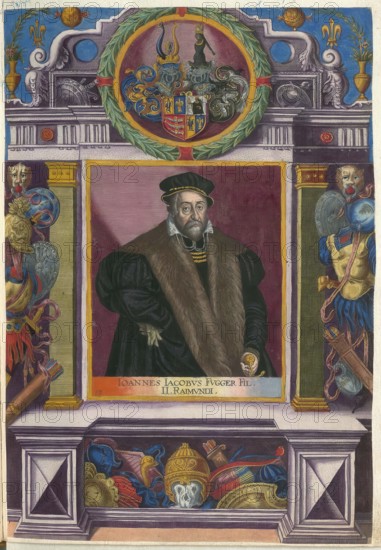 Members of the famous Augsburg-based Fugger family, Johannes Jakob Fugger, also known as Hans Jakob, was born on December 23, 1516 in Augsburg as the eldest son of Raymund Fugger and his woman Katharina Thurzo of Bethlemfalva, authentic reproduction from Fuggerorum et Fuggerarum imagines, a collection of colored copper engravings created in the late 16th and early 17th century and made by Dominicus Custos, historic