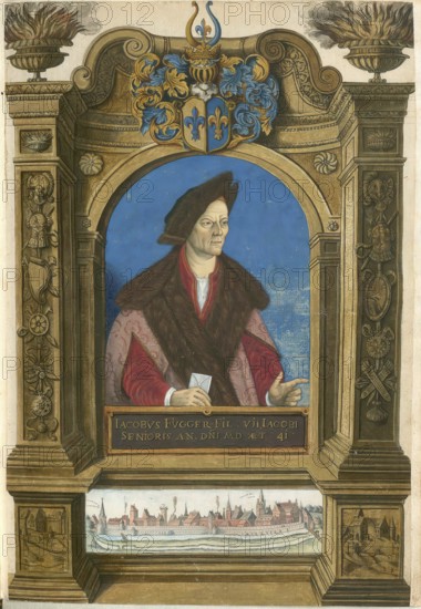 Members of the famous Augsburg Fugger family, Jakob Fugger the Rich (1459 to 1525), authentic reproduction from Fuggerorum et Fuggerarum imagines, a collection of coloured engravings made in the late 16th and early 17th centuries by Dominicus Custos, historical