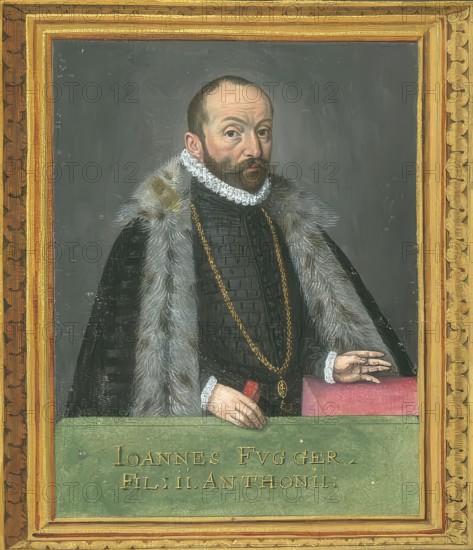 Members of the famous Augsburg Fugger family, In the history of the Fugger family, Johannes Fugger usually refers to Hans Fugger (1531 - 1598), who was an important son of Anton Fugger, authentic reproduction from Fuggerorum et Fuggerarum imagines, a collection of coloured engravings produced in the late 16th and early 17th century by Dominicus Custos, historical