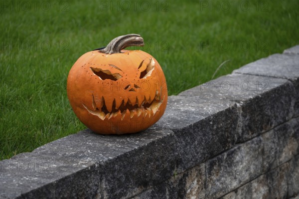 Carved pumpkin on a wall at Halloween, Franconia, Bavaria, Germany