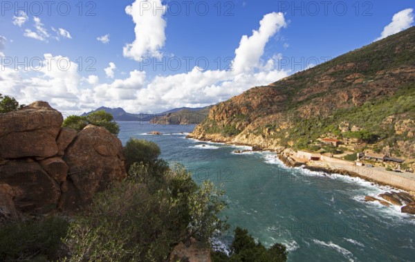 View of the Gulf of Porto and the bizarre rock erosions of the Calanche, Les Calanches de Piana, Corse-du-Sud, Corsica, France