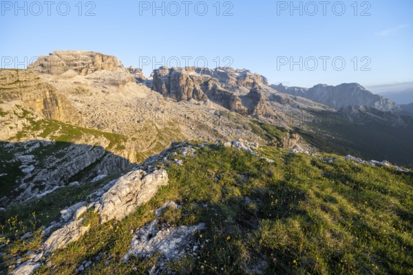 View of rocky mountain peaks of the Brenta Mountains in the evening light, mountain landscape on the Grosté Plateau, Brenta, Parco Naturale Brenta-Adamello, Trentino, Italy