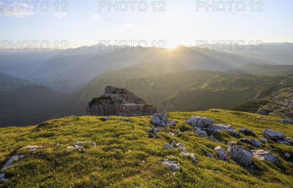 Sunset over the Adamello Group, mountain landscape on the Grosté Plateau, Brenta Mountains, Trentino, Italy