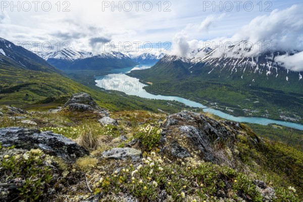 View of snowy mountains and turquoise lake Kenai Lake, Slaughter Ridge Trail, Cooper Landing, Kenai Peninsula, Alaska, USA