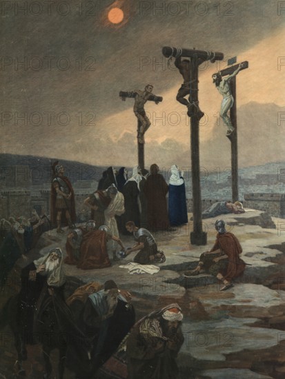 Scene from the biblical story, The Crucifixion of Jesus Christ, authentic reproduction of a school mural, historical, around 1900
