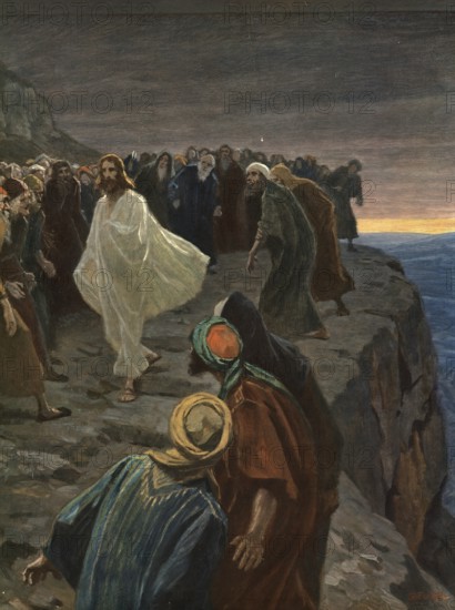 Scene from the biblical story, Cliff in Nazareth, refers to the traditional place, Mount Precipice, Mount Kedumim, from where the angry crowd in the synagogue tried to overthrow Jesus after he had read from the script, authentic reproduction of a school mural, historical, around 1900