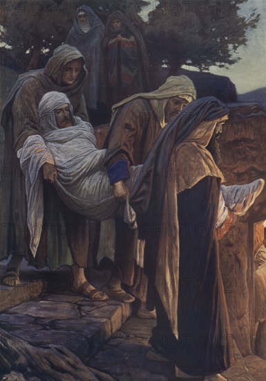 Scene from the biblical story, The Burial of Jesus Christ, authentic reproduction of a school mural, historical, around 1900