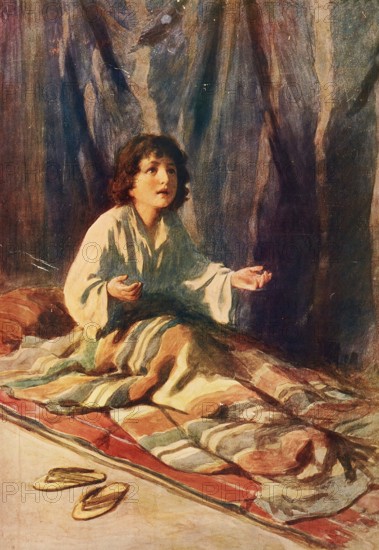 Scene from the biblical story, Samuel as a child, authentic reproduction of a school mural, historical, around 1900