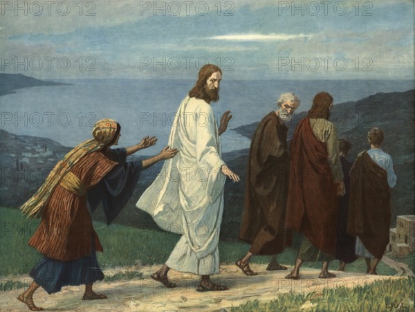 Scene from the biblical story, The Bleeding Woman. The woman had been suffering from uninterrupted bleeding for twelve years and was considered ritually unclean under the Jewish law of the time. After spending her entire fortune unsuccessfully on doctors, she secretly touched the hem of Jesus' robe in faith and was instantly healed, authentic reproduction of a school mural, historical, around 1900