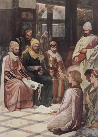 Scene from the biblical story, The story of the twelve-year-old Jesus in the temple discussing with scholars, authentic reproduction of a school mural, historical, around 1900