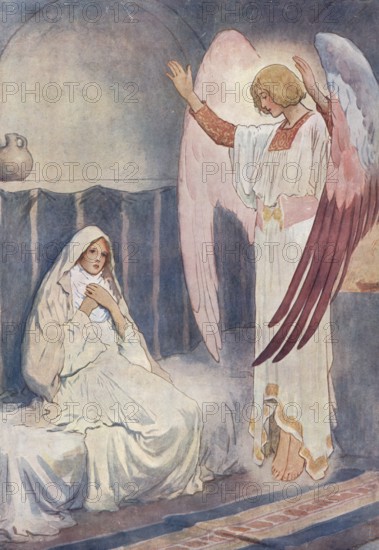 Scene from the biblical story, Annunciation, describes the story in which the angel Gabriel appears to Mary and tells her that she receives the Son of God, Jesus, from the Holy Spirit, authentic reproduction of a school wall painting, historical, around 1900