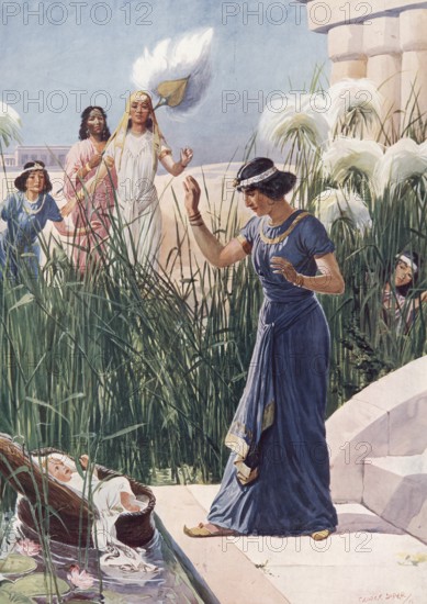 Scene from the biblical story, The Pharaoh's Daughter discovered the crying child Moses while bathing and accepts it out of compassion, authentic reproduction of a school mural, historical, around 1900