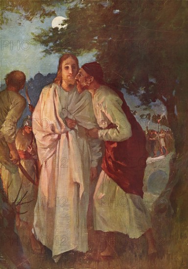 Scene from the biblical story, The Betrayal by the Kiss of Judas, authentic reproduction of a school mural, historical, around 1900