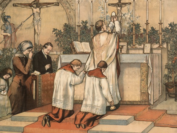 Scene from the biblical story, prayer of thanksgiving in the biblical sense, a combination of psalm verses and an invitation to Jesus, thanksgiving prayer in church, authentic reproduction of a school mural, historical, around 1900