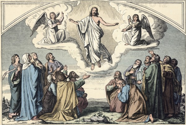 Scene from the biblical story, Ascension Day, a central event that describes how Jesus ascended physically to heaven after his resurrection and sits at the right hand of God, authentic reproduction of a school wall painting, historical, around 1900