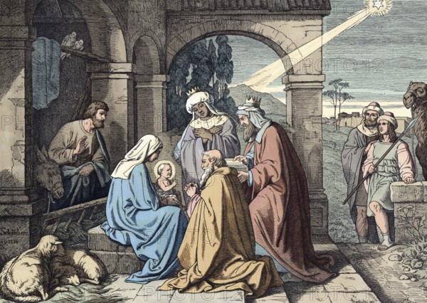Scene from the biblical story, The Adoration of the Magi describes the biblical motif in which wise men from the East bring gifts to the baby Jesus, authentic reproduction of a school mural, historical, around 1900