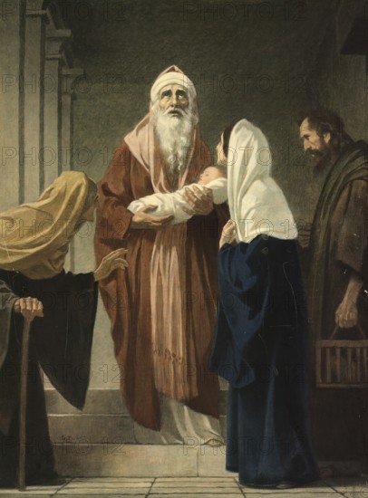 Scene from the biblical story, In the Bible, the combination of the names Simon (usually called Simeon) and Anna (often Hanna) refers to two elderly, God-fearing people who meet the newborn Jesus in the temple in Jerusalem, authentic reproduction of a school mural, historical, around 1900