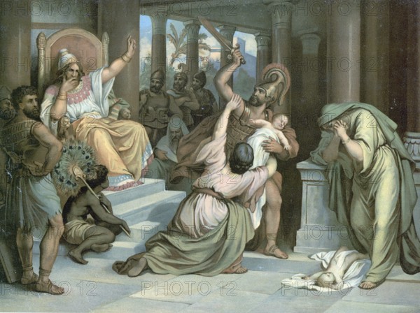 Scene from the biblical story, Solomon's verdict, famous biblical story in 1 Kings 3, in which King Solomon recognizes the true mother of a child through his divine wisdom by ordering to divide it, whereupon the real mother would rather renounce the child than kill it, authentic reproduction of a school mural, historical, around 1900