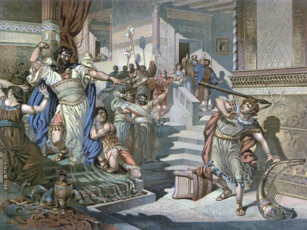 Scene from the biblical story, The story of Saul and David in the Bible tells how God chooses Saul as the first king of Israel, but he ignores God's word, whereupon God rejects him and anoints David, a shepherd boy, as the future king, authentic reproduction of a school mural, historical, around 1900