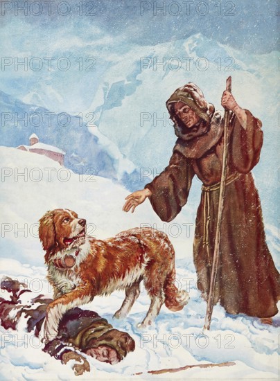 Scene from biblical history, Bernard of Clairvaux (ca. 1090 to 1153) was an influential medieval theologian and abbot of the Cistercian order who was strongly inspired by the Bible, authentic reproduction of a school mural, historical, ca. 1900