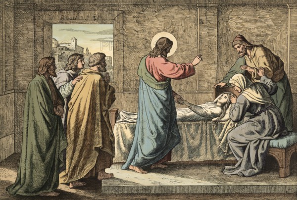 Scene from the biblical story, story of the raising of the daughter of Jairus, authentic reproduction of a school mural, historical, around 1900