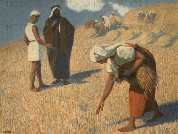 Scene from the biblical story, story of Ruth and Boaz, is about the Moabite widow Ruth, who remains loyal to her mother-in-law Naomi, moves to Bethlehem and regains prosperity and security there through her goodness and Boaz's mercy by marrying Boaz, authentic reproduction of a school mural, historical, around 1900