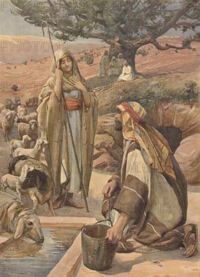 Scene from the biblical story, Rachel, at the well, a central figure in the Old Testament, authentic reproduction of a school mural, historical, around 1900