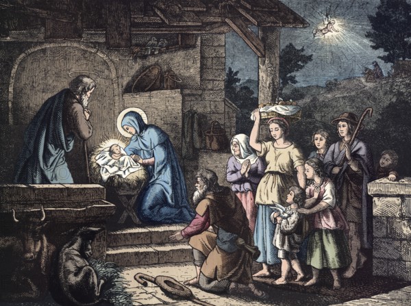 Scene from the biblical story, The Birth of Jesus, authentic reproduction of a school mural, historical, around 1900