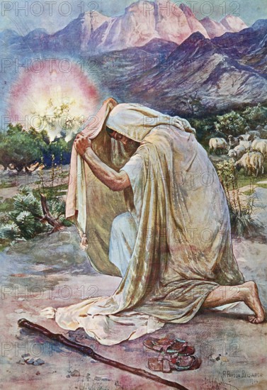 Scene from the biblical story, The Burning Bush, central event in the book of the Bible, in which God Moses appears on Mount Horeb, Sinai, in a bush that burns but does not burn, and orders him to free the Israelites from slavery in Egypt and to lead them to Canaan, authentic reproduction of a school mural, historical, around 1900