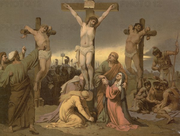 Scene from the biblical story, The Crucifixion of Jesus Christ, authentic reproduction of a school mural, historical, around 1900
