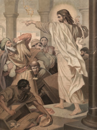 Scene from the biblical story, The Cleansing of the Temple is a biblical story in which Jesus drives the merchants and moneychangers out of the temple in Jerusalem, authentic reproduction of a school mural, historical, around 1900