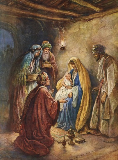 Scene from the biblical story, The Birth of Jesus, authentic reproduction of a school mural, historical, around 1900