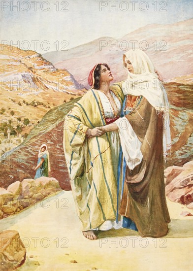 Scene from the biblical story, story of Ruth and Boaz, is about the Moabite widow Ruth, who remains loyal to her mother-in-law Naomi, moves to Bethlehem and regains prosperity and security there through her goodness and Boaz's mercy by marrying Boaz, authentic reproduction of a school mural, historical, around 1900
