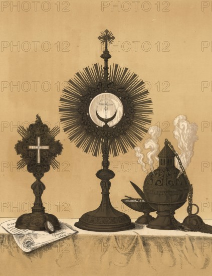 Scene from biblical history, sacral vessels that are closely linked to the life of faith, although the objects themselves were only created in the Middle Ages, monstrance, reliquary is a container for storing and venerating relics, authentic reproduction of a school wall painting, historical, around 1900
