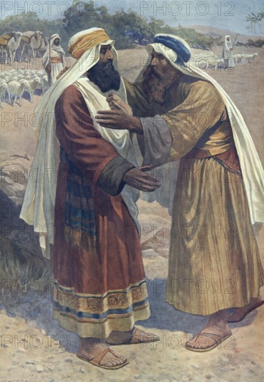 Scene from the biblical story, The encounter between Jacob and Esau is the conciliatory climax after years of separation and enmity, after Jacob stole the blessing from Esau through cunning, authentic reproduction of a school mural, historical, around 1900