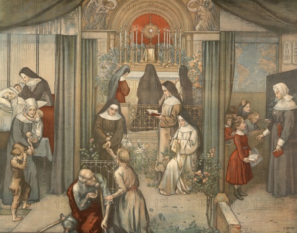 Scene from the biblical story, Christian monasticism, nuns, authentic reproduction of a school mural, historical, around 1900